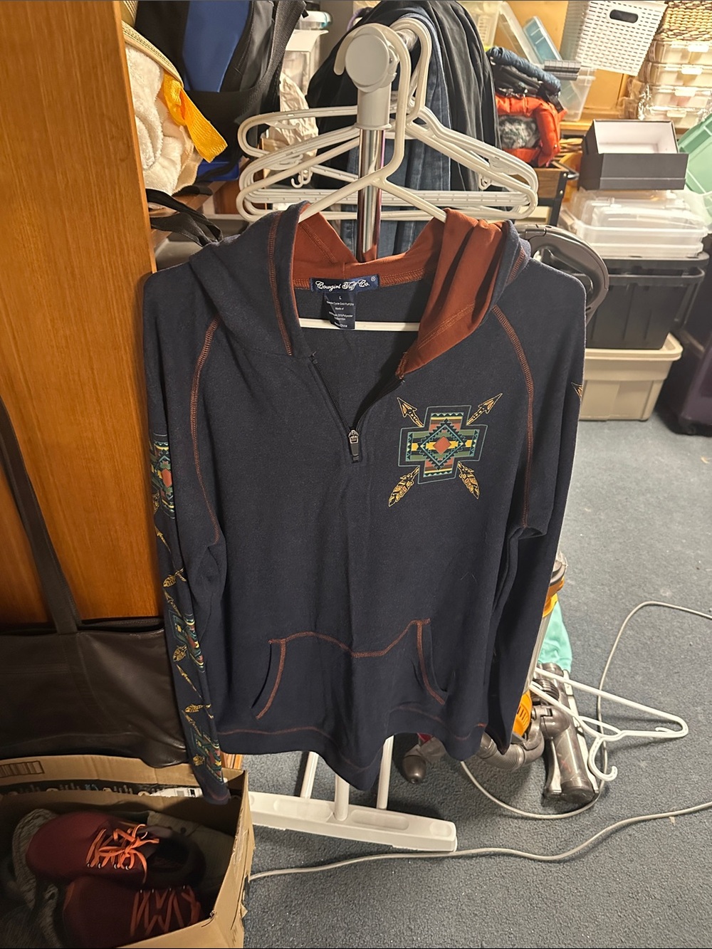 Cowgirl Tuff Navy Scoop-Neck Hoodie with Rust Trim and Southwestern Embroidery